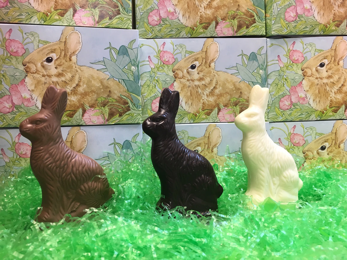 Solid Milk, Dark or White Chocolate Sitting Easter Bunny 2 1/2 oz